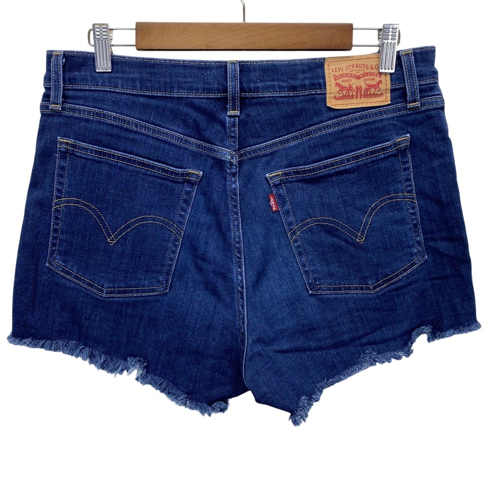 Levi's Boyfriend High Rise Shorts Women Size 31 Stretch Blue Denim Frayed Hem